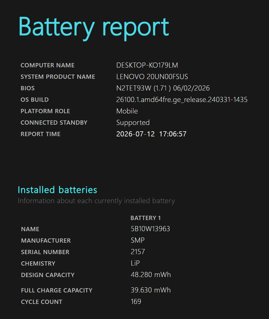 Windows Battery report — ThinkPad X1 Nano Gen 1